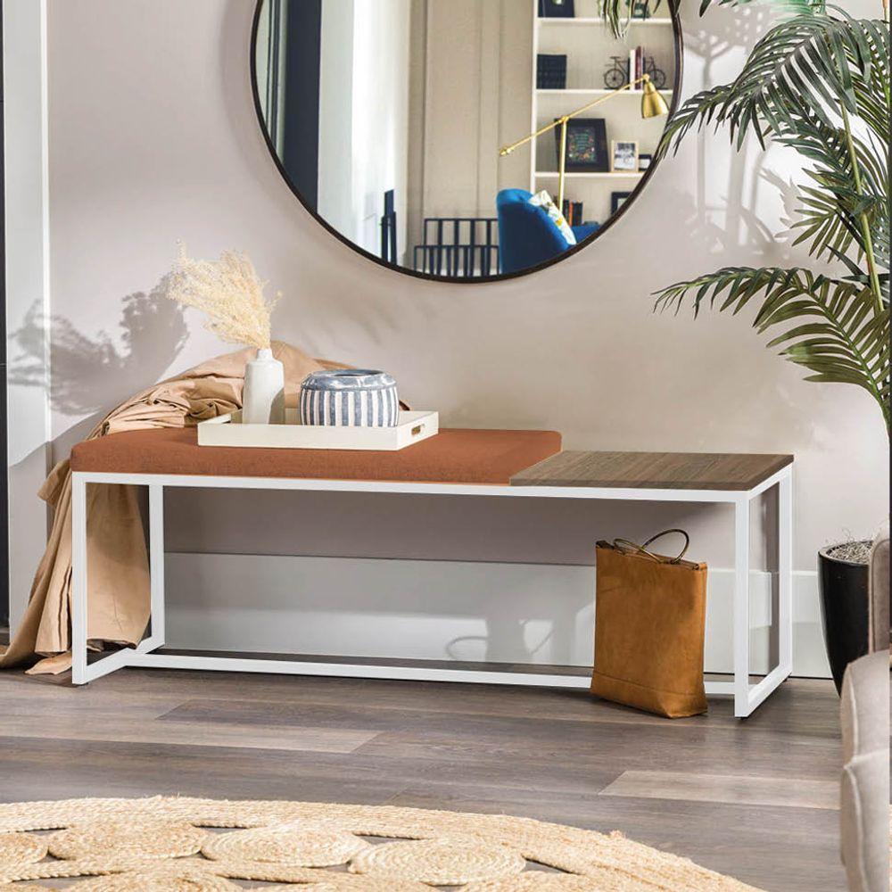 Miniatura Banco Recamier Puff 140cm Industrial Branco Suede Terracota Tampo Quadrado Mdf Marmorizado