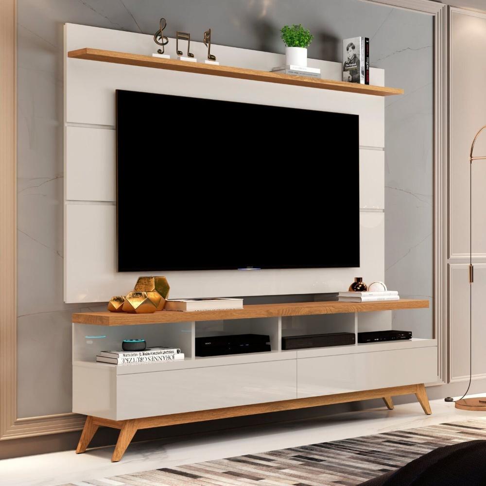 Miniatura Rack com Painel para Tv até 60 Polegadas Pés em Madeira Maciça Off White/Nature