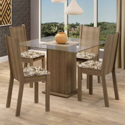 Miniatura Conjunto Sala de Jantar Madesa Maya Mesa Tampo de Vidro com 4 Cadeiras Rustic/Lírio Bege Cor:Rustic/Lírio Bege