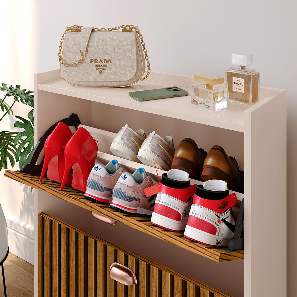 Sapateira Closet Vertical Organizadora 12 Pares Calçados Unissex Prateleira 2 Andares Gavetas Basculante Off White/Ripado - Lojas RPM