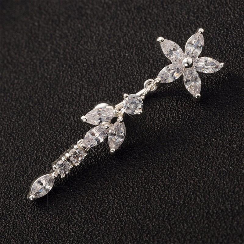Miniatura Piercing De Umbigo Prata Pendurado Flor Invertido Zirconia