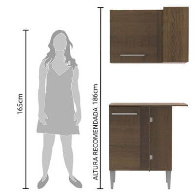 Kit de Canto Reto Madesa Emilly 2 Portas com Armário Aéreo, Adega e Balcão Rustic Cor:Rustic