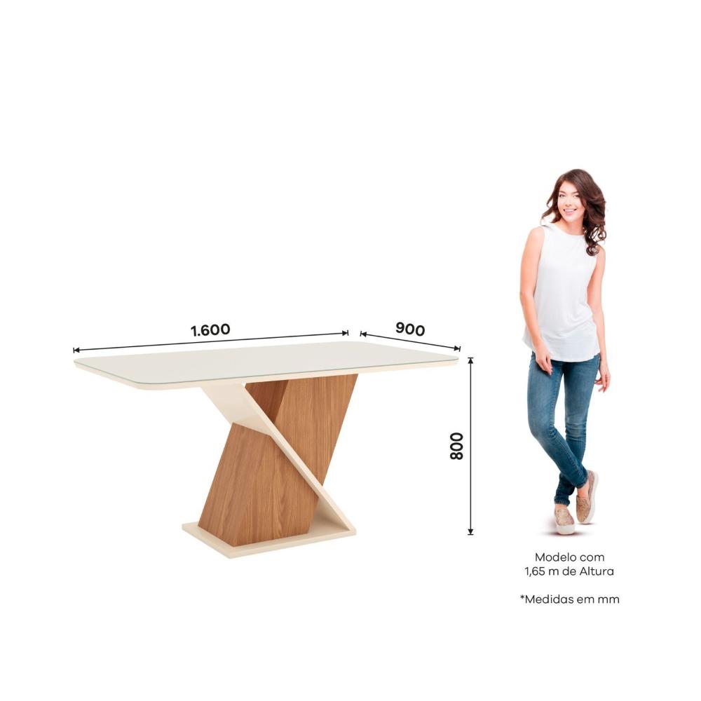Miniatura Conjunto Sala Jantar Letícia Mesa 160 Cm Canto Arredondado com Vidro 6 Cadeiras Espresso Móveis Nature/Off White/Marrom Amêndoa