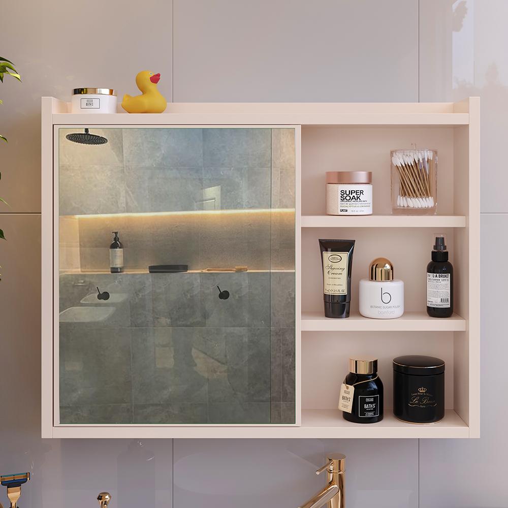Miniatura Espelheira Armário Banheiro 60 cm Espelho Porta Prateleira Organizadora Lavabo Luxo - Off White