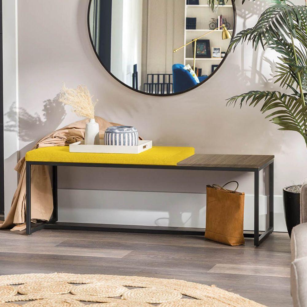 Miniatura Banco Recamier Puff 160cm Industrial Preto Corino Amarelo Tampo Quadrado Mdf Marmorizado