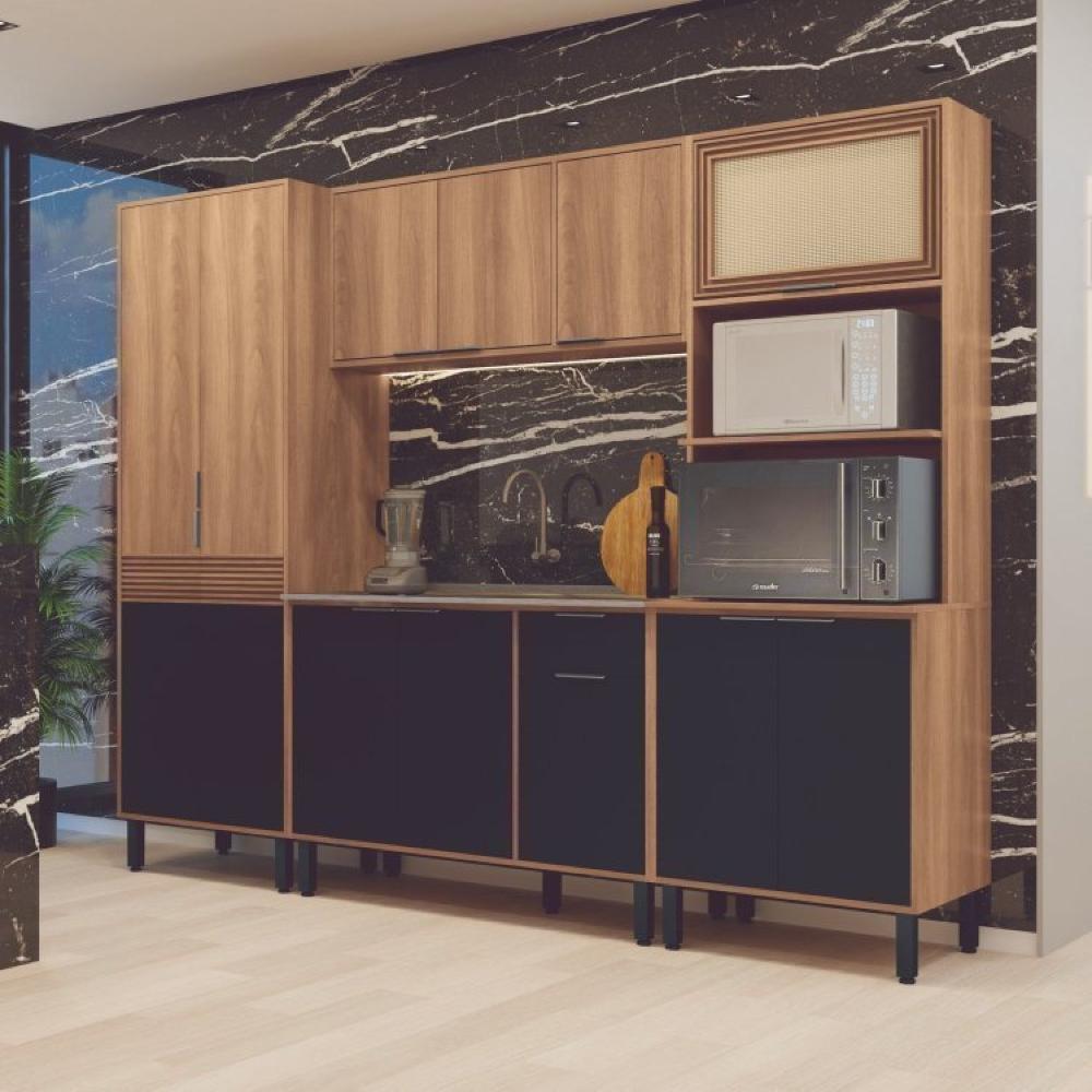Miniatura Conjunto de Cozinha Modulada 4 Peças 11 Portas 1 Gaveta Thalita Moveis Sul Nogal Manchester/Preto