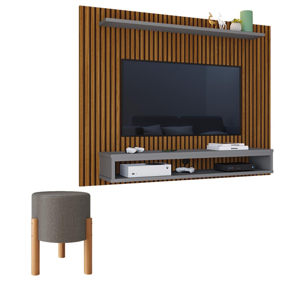 Miniatura Estante Painel Sala Quarto TV 48 Polegadas Nairobi Ripado Freijó/Cinza e Puff Banqueta Estofado Assento Confortável Pés Retrô Thor Cinza