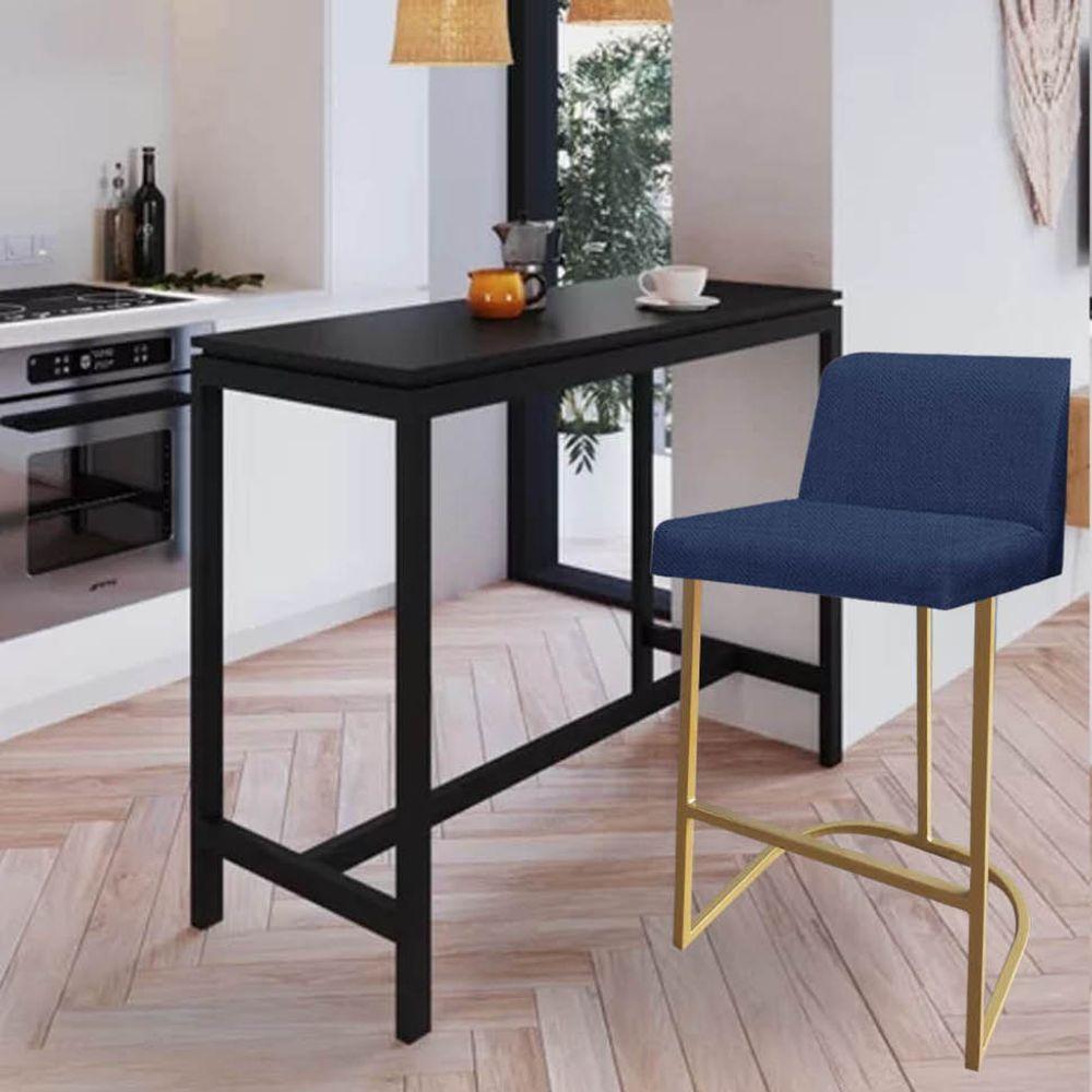 Miniatura Banqueta Com Encosto Noah Luxo Confort Bistrô Cozinha Ferro Dourado Linho Azul Marinho - Amey Decor
