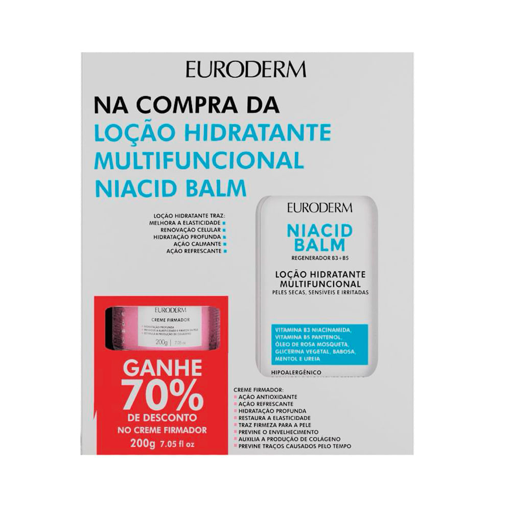 Miniatura Kit Euroderm Loção Hidratante Multifuncional Niacid Balm 10% Ureia 450ml e Ganhe 70% de Desconto Creme Firmador 200g