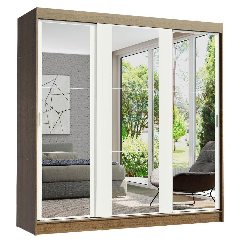 Guarda-Roupa Casal Madesa Reno 3 Portas de Correr de Espelho - Rustic/Branco Rustic/Branco