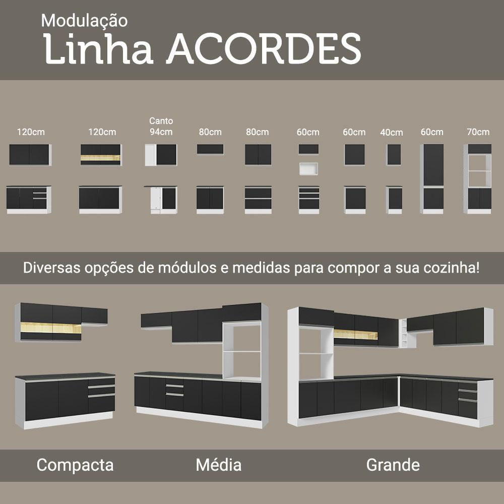 Balcão Armário de Cozinha 100% MDF 35 cm 1 Porta Branco Preto Acordes Madesa Branco/Preto