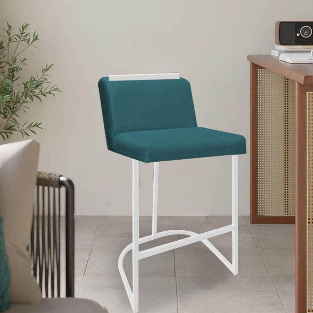 Miniatura Banqueta Com Encosto Ninna Bistrô Cozinha Aplique Ferro Branco Suede Azul Turquesa - Ahazzo Móveis