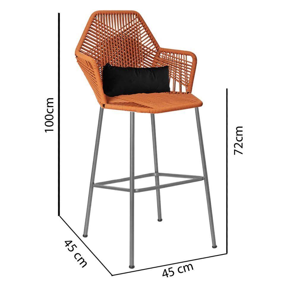 Miniatura Banqueta Alta Com Encosto Ferro Prata Fibra Terracota Almofada Preto