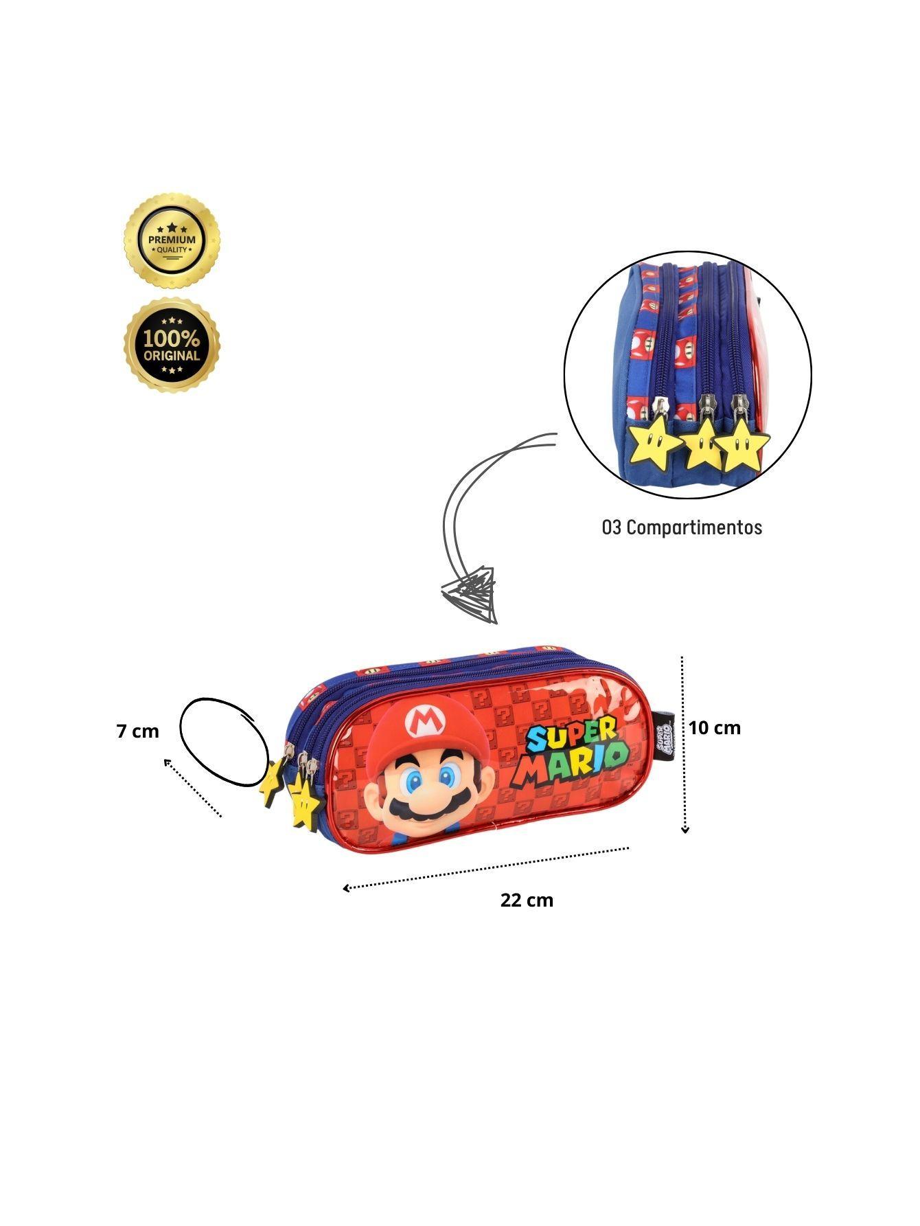 Kit Escola Super Mario Mochila Roda Lancheira Estojo - Azul