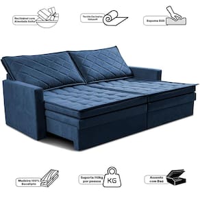 Sofá 3 Lugares Cama inBox Marselha com 180 cm de Largura, Retrátil, com Baú e Revestimento Suede Velusoft Azul