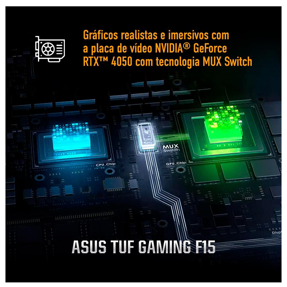 Miniatura Notebook Gamer Asus Tuf Gaming F15,Intel Core i7-13620H,16GB/512GB SSD,RTX4050,W11 Tela 15.6.6.144Hz  FX507VU-LP177W Bivolt