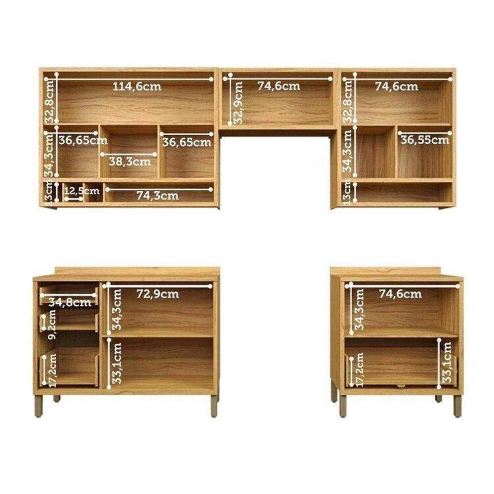 Miniatura Cozinha Modulada Completa 5 Peças 8 Portas e Vidro Reflecta 280cm 100% MDF Vicenza Espresso Móveis Amêndoa/Chumbo