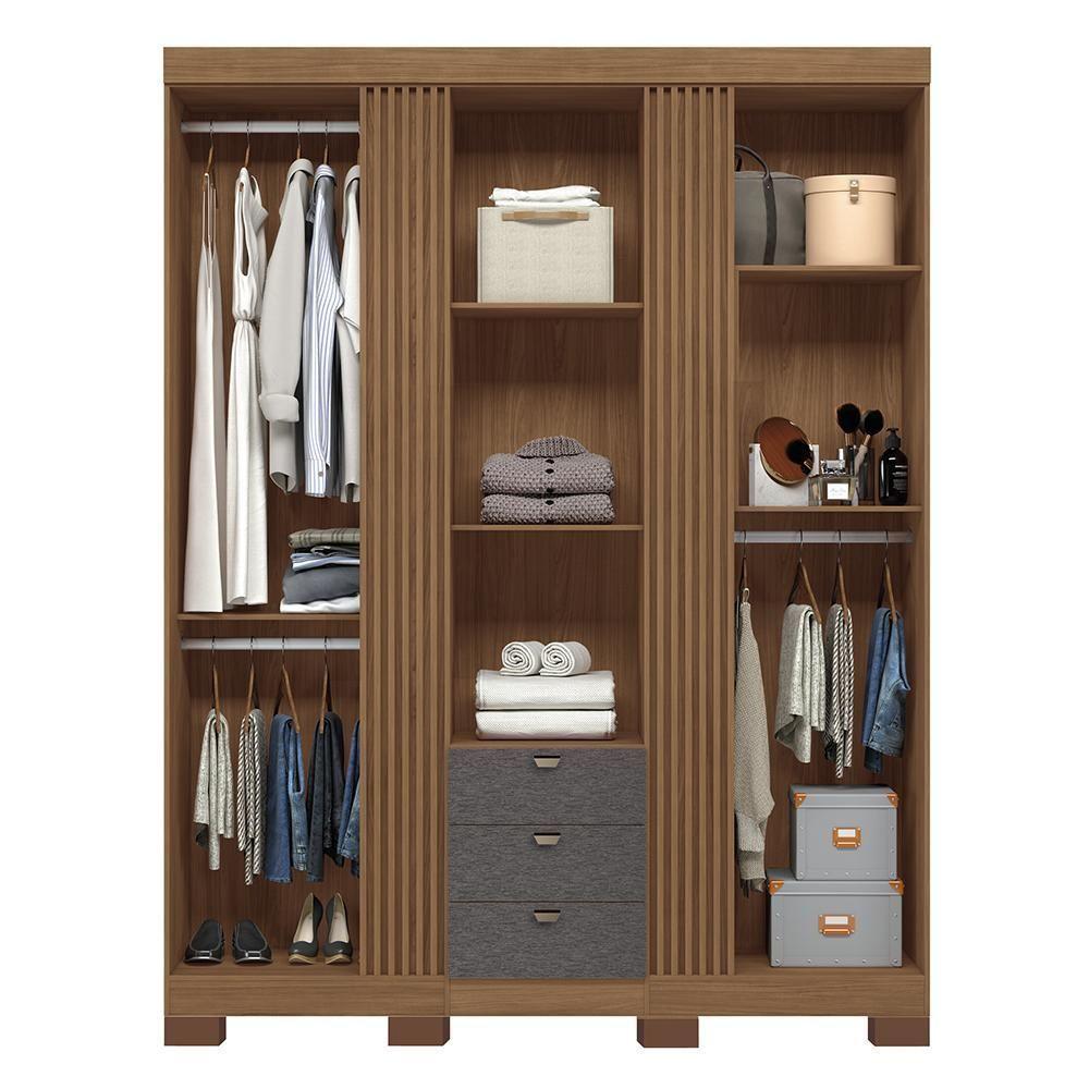 Miniatura Guarda Roupa Aurora 3.3 Ripado 3 Portas E 3 Gavetas Jatobá-grafite Com Espelho E Pés - Santos Andirá Jatobá-grafite