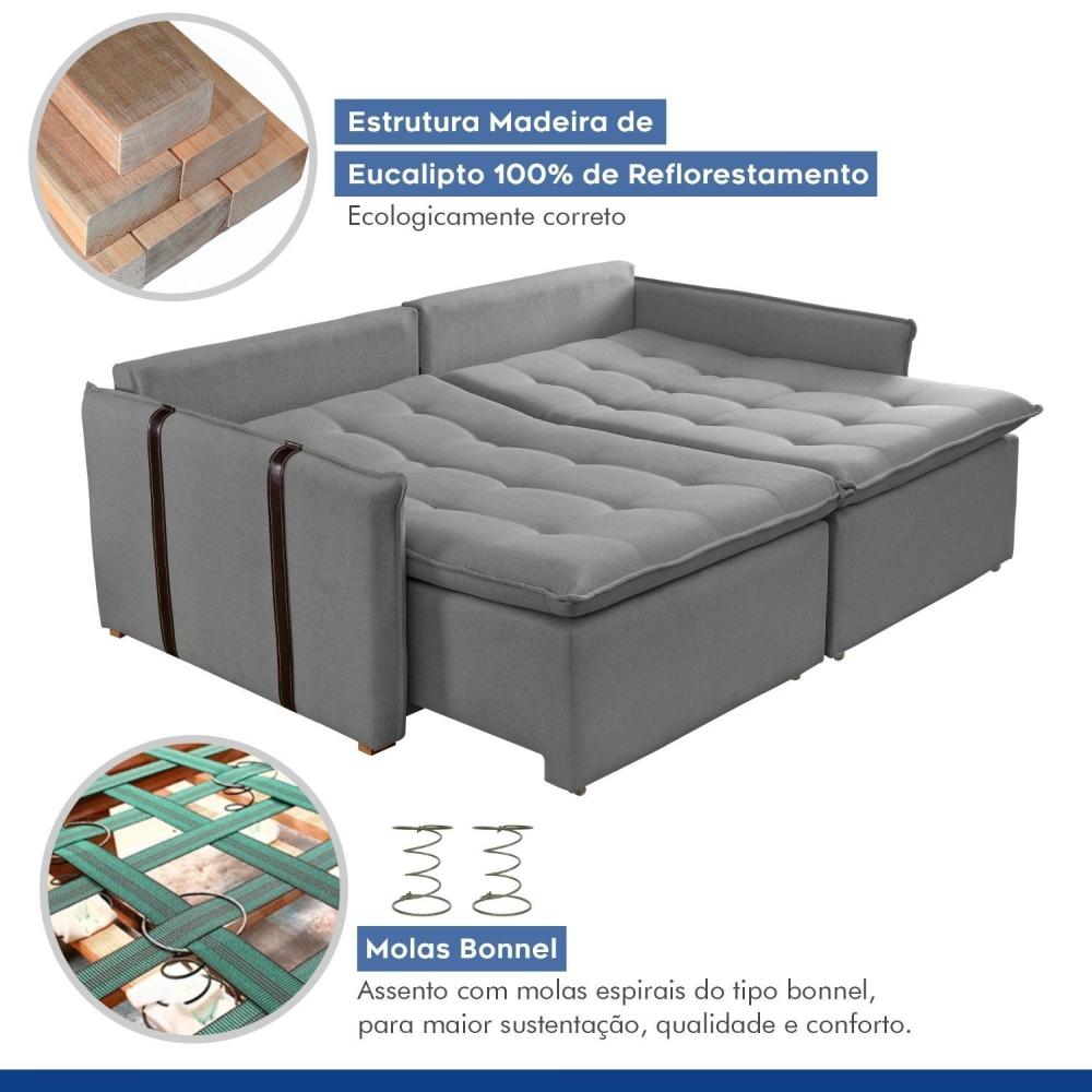 Miniatura Sofa Cama Retratil e Reclinavel 220cm Detroid Yescasa Linho/Cinza