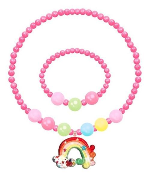 Miniatura Kit Biju Colar E Pulseira Infantil Perolas Rosa