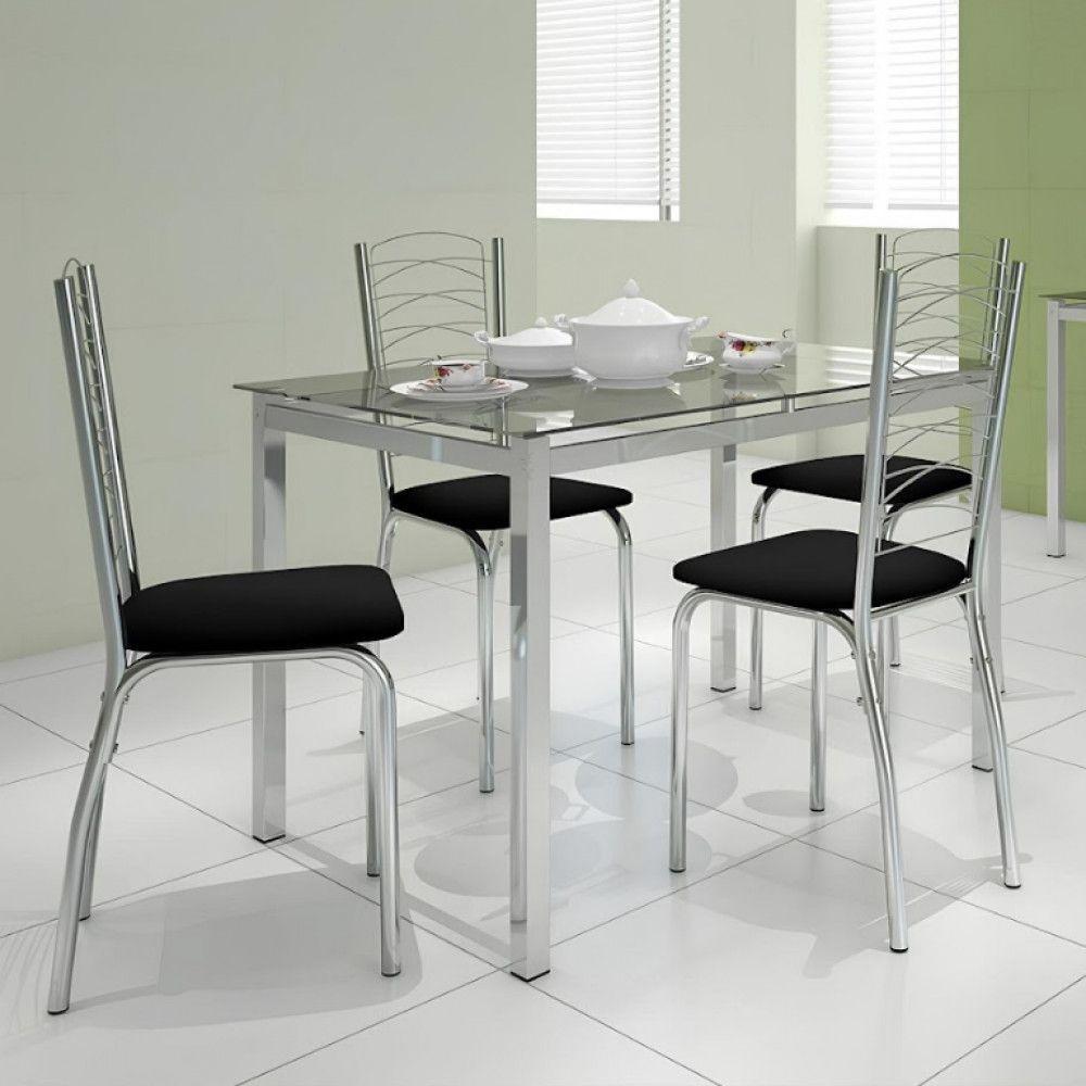 Miniatura Conjunto De Mesa Ornata 125x75cm Com 4 Cadeiras ágata Cromado E Tampo De Vidro Tubform Cromo E Preto