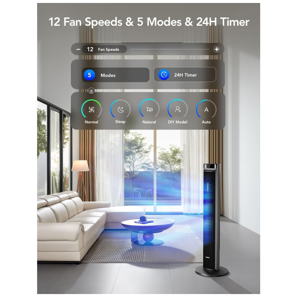 Miniatura Ventilador de Torre, Estilo Moderno com Temporizador de 24H, Silencioso, 5 Modos, 12 Velocidades e Controle por APP ou Voz, 110V 48W, Goveelife, 110v