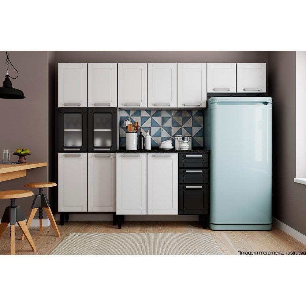 Miniatura Gabinete Para Pia Cozinha Balcão Com Tampo Múltipla 6114 Com 3 Portas E 2 Gavetas 105cm Branco Preto Bertolini