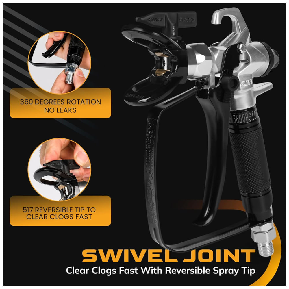 Miniatura Pistola de Pintura Airless Premium Modelo 821, Alta Pressão 3600 PSI com Bico Reversível 517, Junta Giratória, Cabo de Borracha, RICHOKIE.