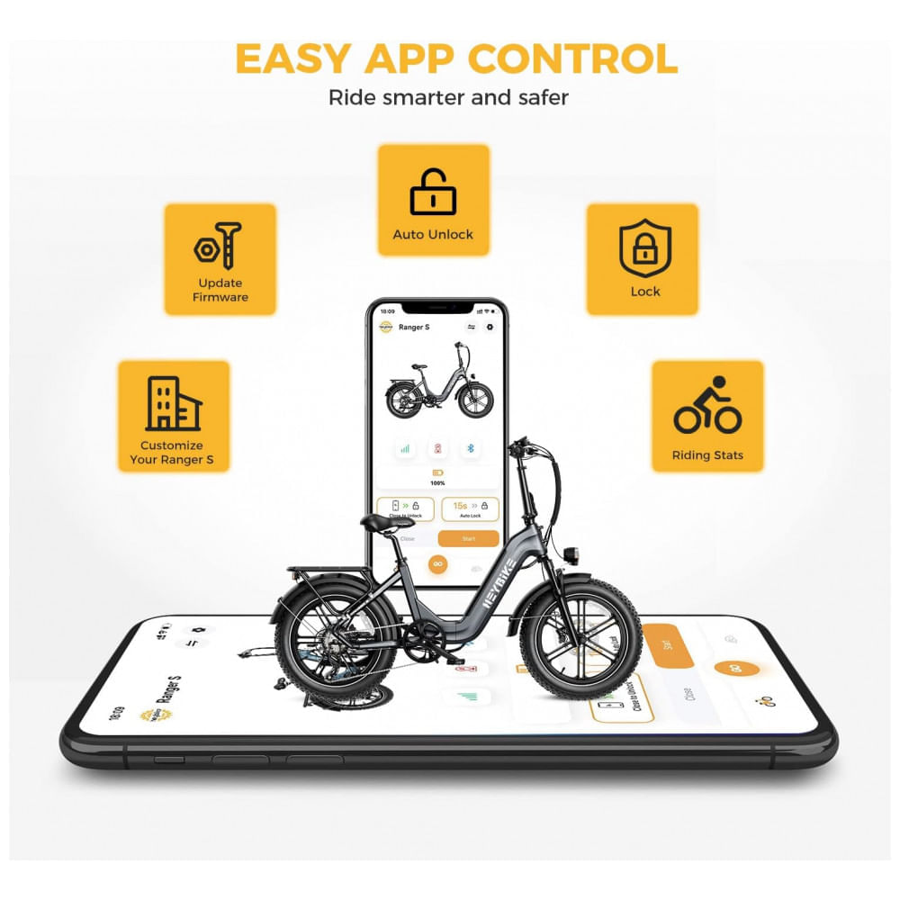 Bicicleta Elétrica Heybike Ranger S para Adultos, Motor de 1400W, Pneu Gordo 20" x 4.0", Bateria Removível de 48V 14.4AH, Dobrável, Cinza com Cesta Di