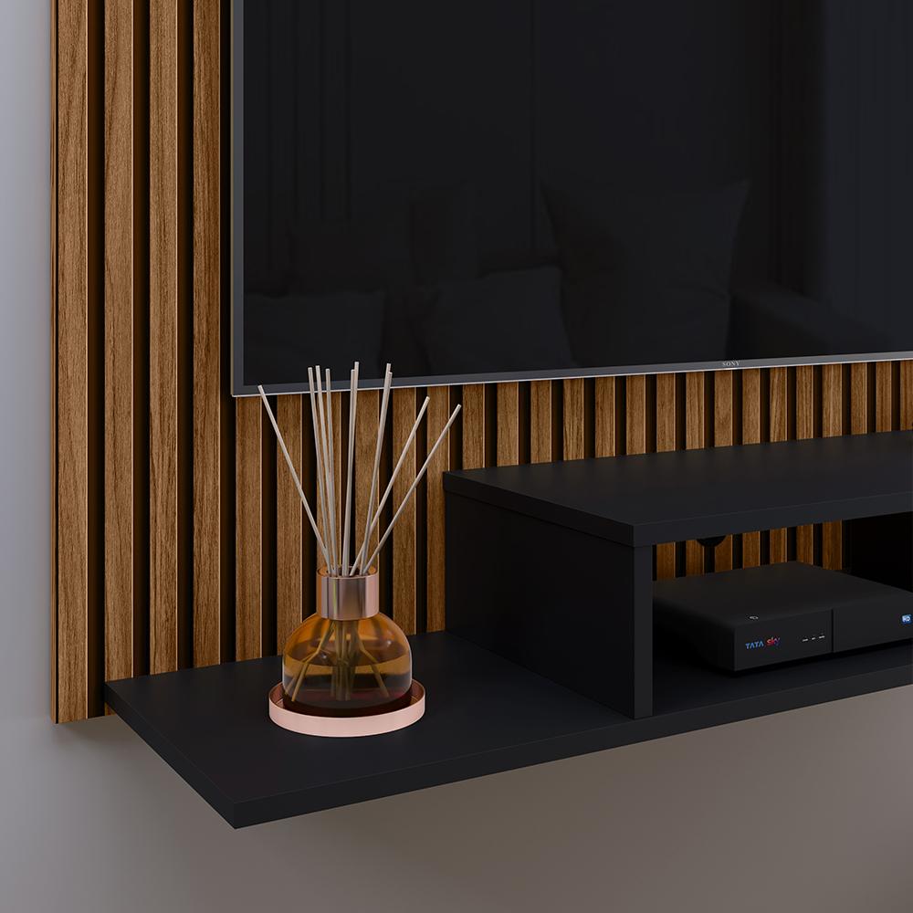Miniatura Estante Painel Suspenso TV 48 Polegadas Nicho Organizador Prateleira Decorativa Sala Quarto Moderno Dubai Ripado/Preto- RPM Móveis