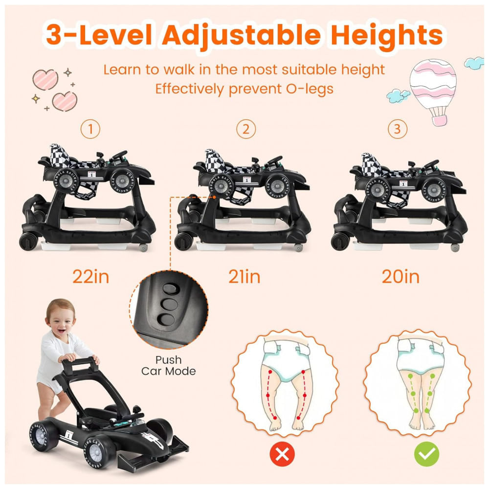 Miniatura Andador Infantil Interativo 4 em 1 com Sons, Luzes e Atividades, HONEY JOY, Preto