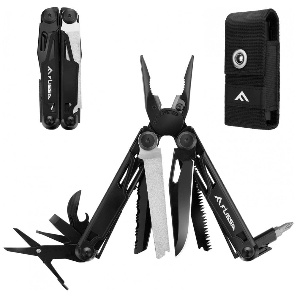 Miniatura Alicate Multifuncional 16 em 1, Aço Inoxidável com Estojo de Nylon, Flissa, Preto