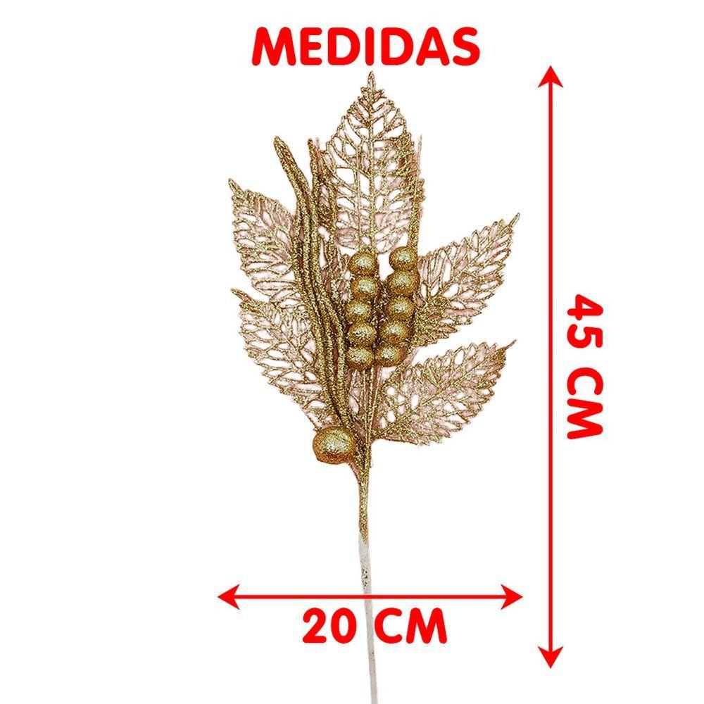 Miniatura Folhas Flores Enfeite Natal Gliter Dourado De 45cm Kit 10pçs