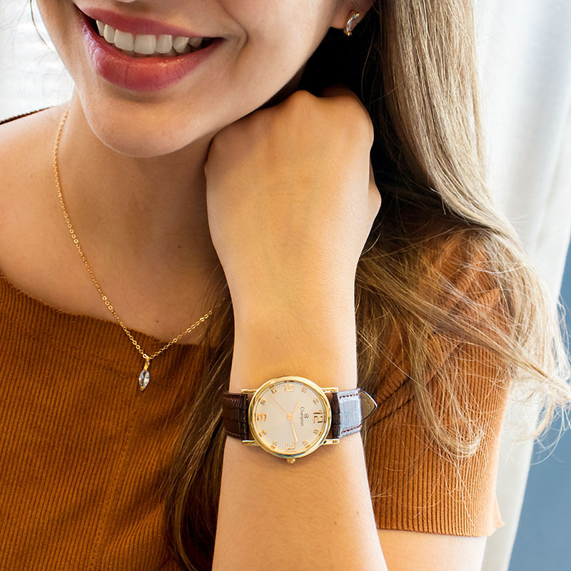 Miniatura Relógio Feminino Champion Analógico Couro Marron Kit Colar e Brincos CN20186B