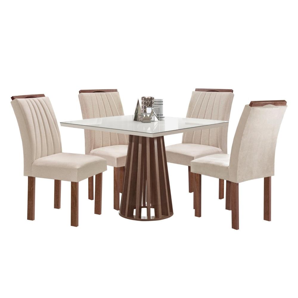 Conjunto Mesa Tampo Slim Plus Vidro Kansas 100cm 4 Cadeiras Arizona Chocolate/Off White/Suede Bege