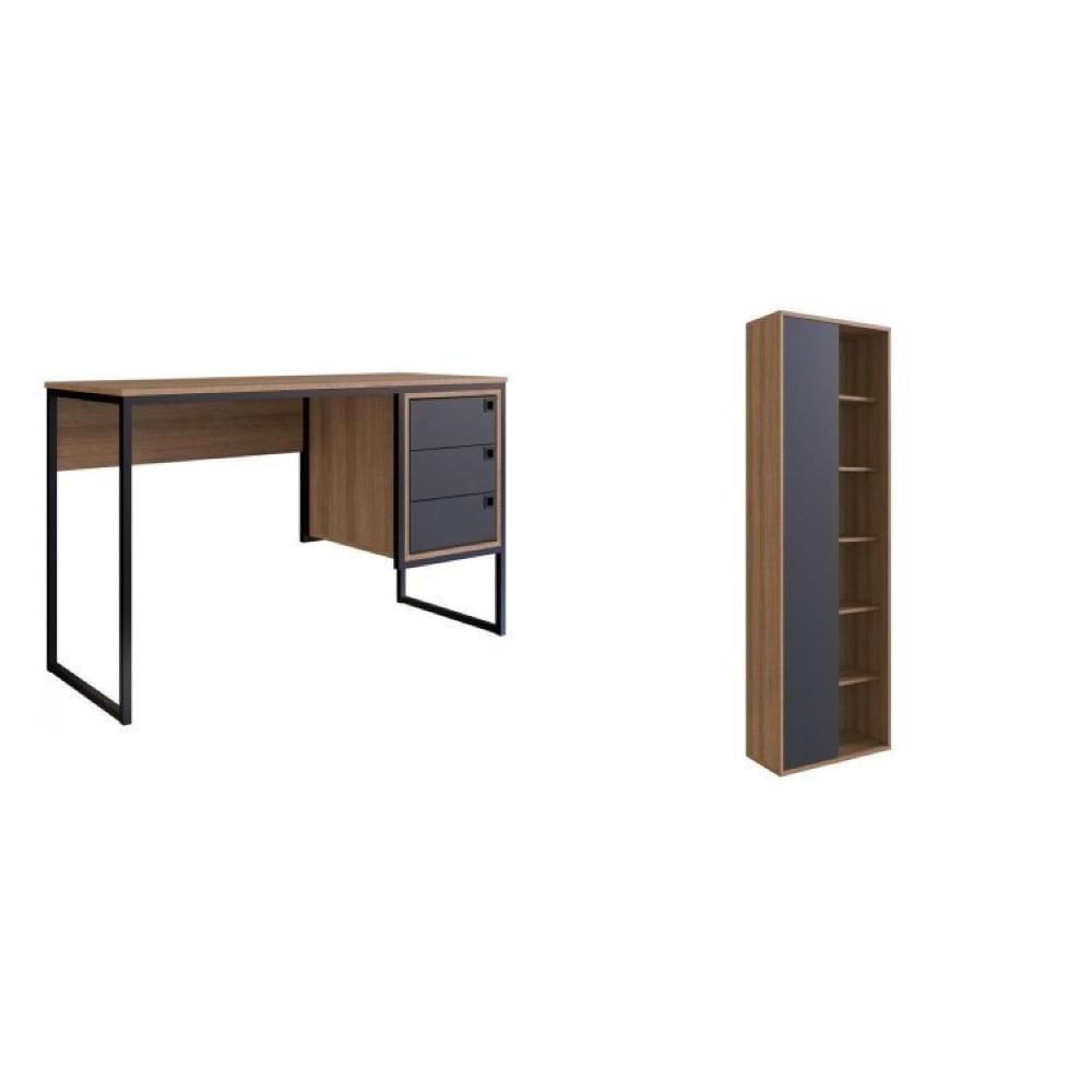 Miniatura Conjunto Home Office Livreiro 1 Porta 5 Prateleiras e Escrivaninha 3 Gavetas Placa e Ponto Grafite/Mel