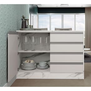 Miniatura Bancada Bartira Gourmet com 1 Porta, 4 Gavetas e 1 Prateleira - 126cm de largura Branco e Thassos