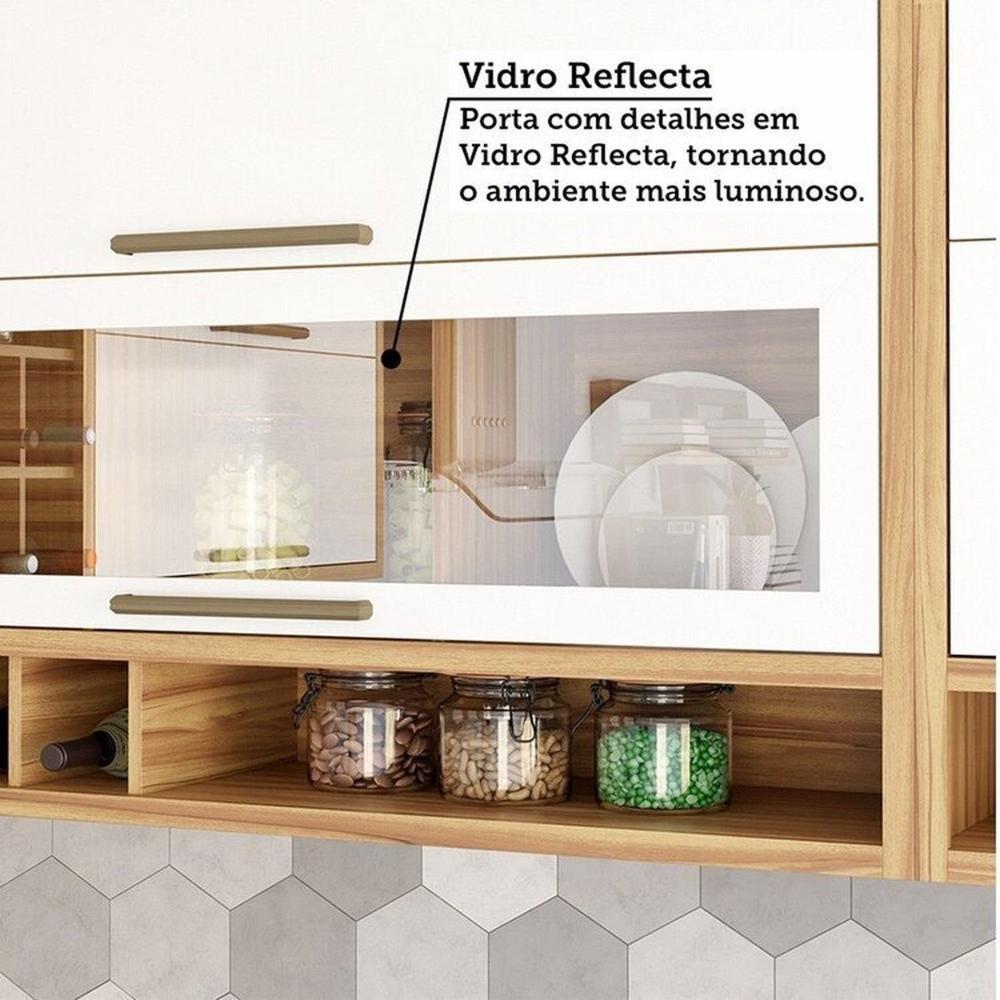 Cozinha Modulada Completa 5 Peças 11 Portas e Vidro Reflecta 349cm 100% Mdf Vicenza Espresso Móveis Amêndoa/Branco