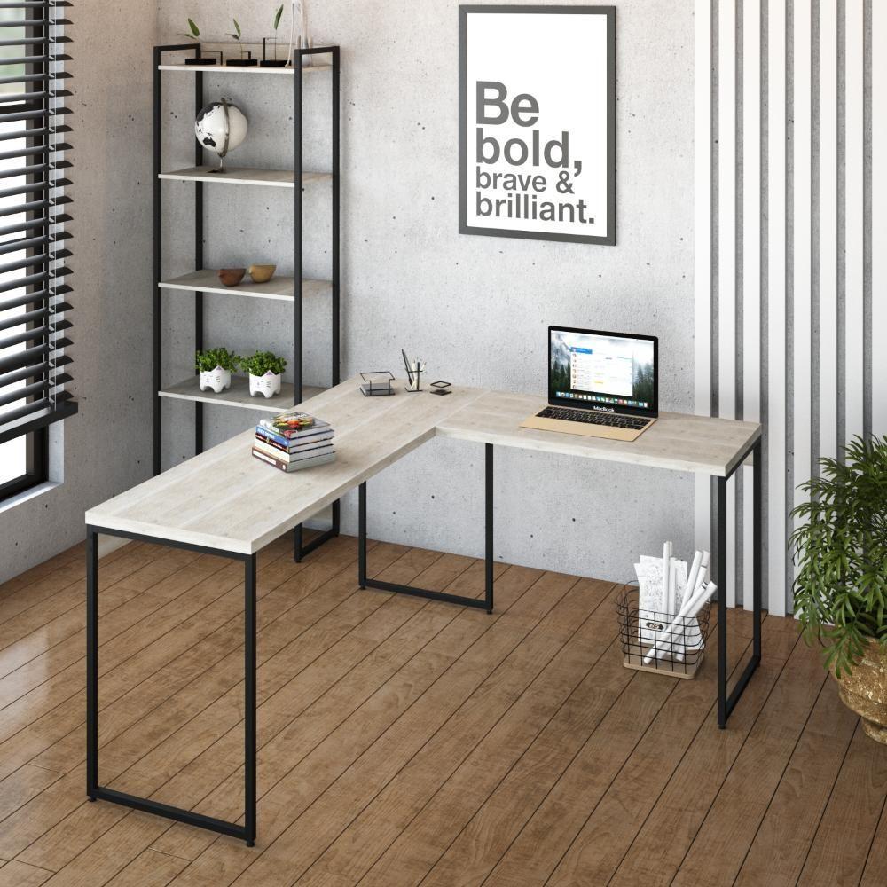 Miniatura Mesa Em L Dynamica Diretor 150x140x75cm Snow Estrutura preta