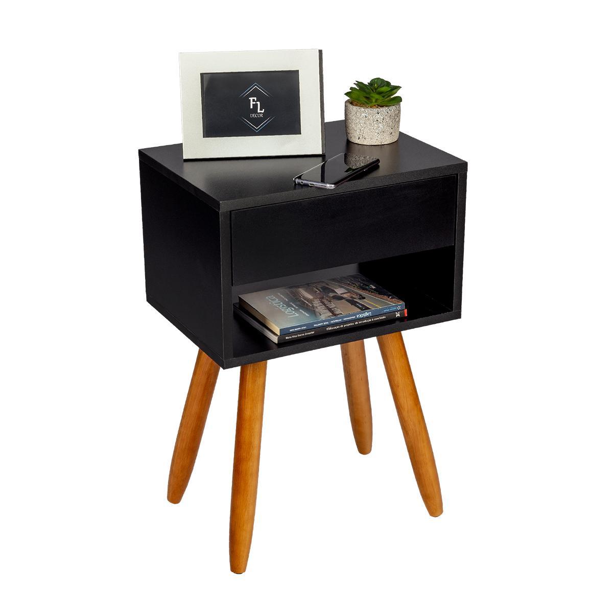 Miniatura Mesa Cabeceira Preto Retro 55Cm Altura Pés Castanhos