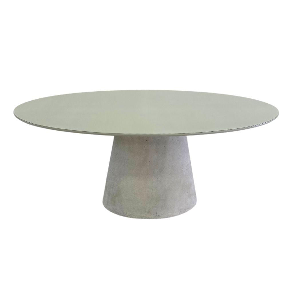 Miniatura Mesa De Jantar Cone Oval 198x122 Cm Tampo Off White + Vidro Base Concreto Cinza