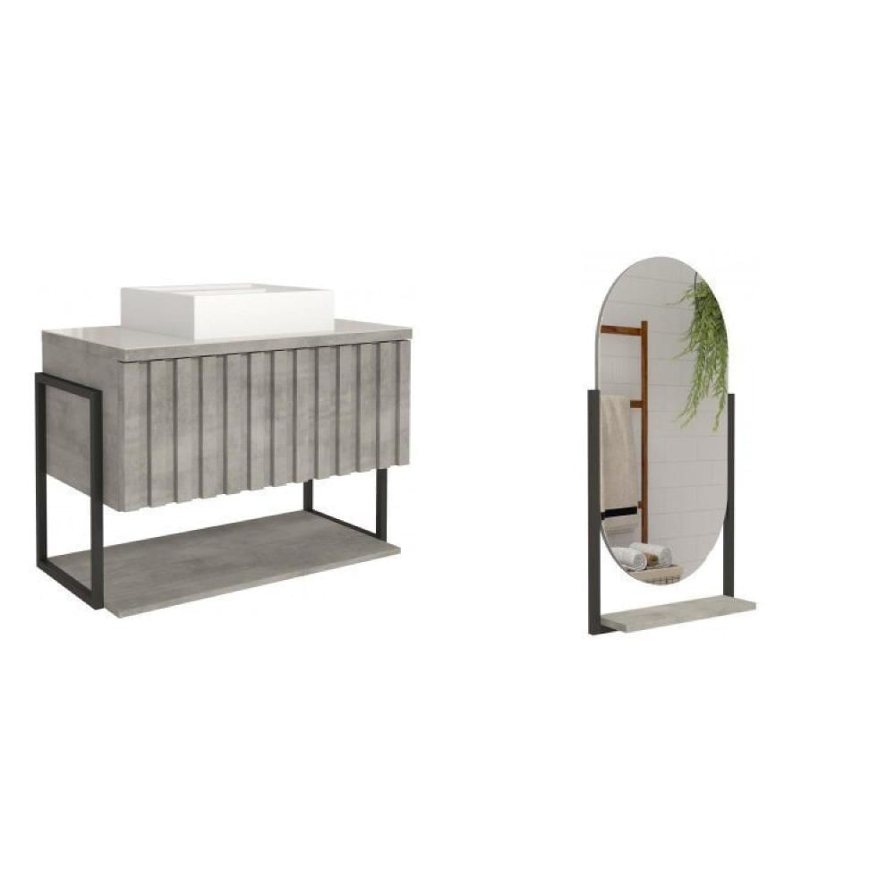 Miniatura Conjunto para Banheiro Gabinete 65cm 1 Porta Helsing com Espelheira Bogotá Espresso Móveis Cimento