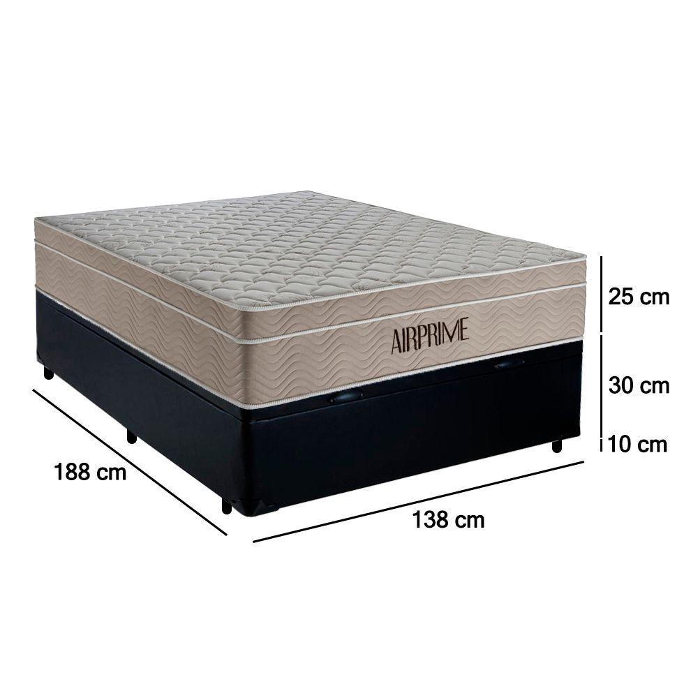 Miniatura Cama Box Baú Casal Sintético Cremil + Colchão Molas Ensacadas Airprime 138cm Preto - Suporta Até 120kg Por Pessoa