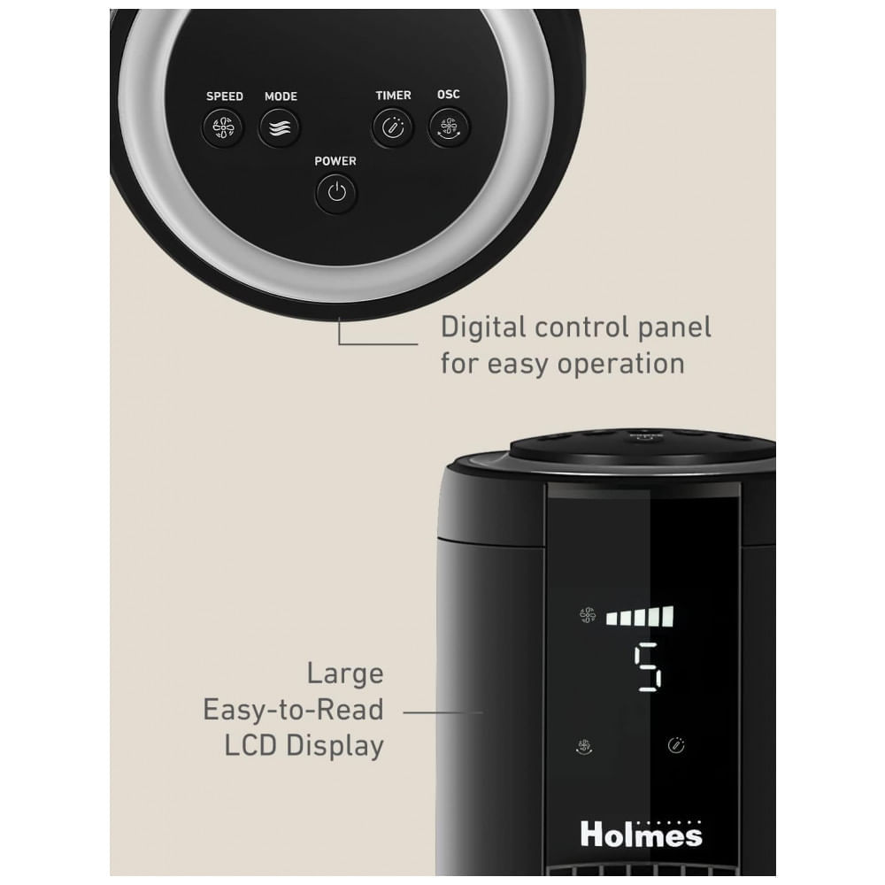 Miniatura Ventilador de Torre com 5 Velocidades, 4 Modos, Timer de 8H e Controle Remoto, 110V, HOLMES, Preto