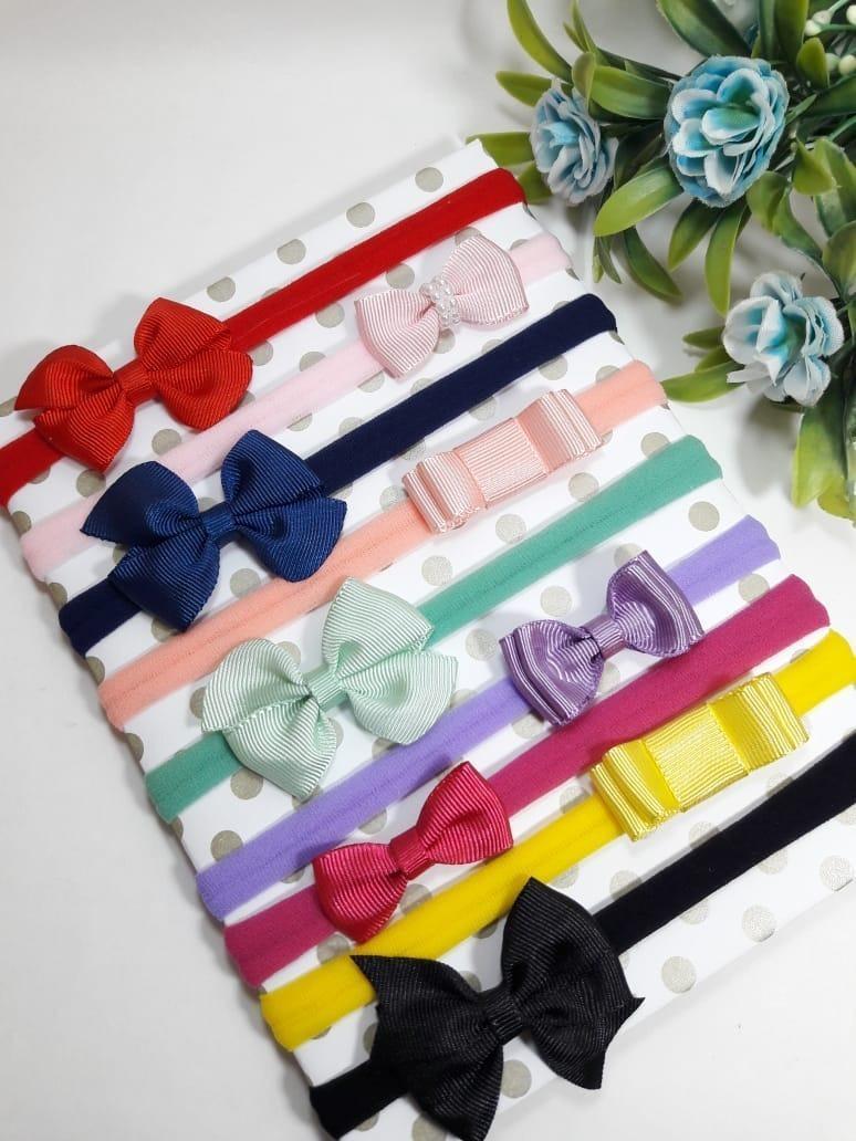 Miniatura Tiara De Bebe Menina Kit Faixas Meia De Seda 9 Laços Rn
