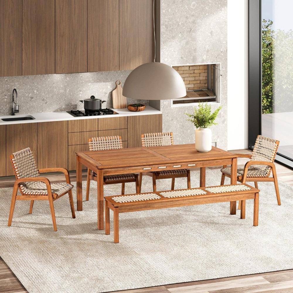 Miniatura Conjunto 1 Banco 4 Cadeiras e 1 Mesa 180cm Traço Stain Jatobá/Corda Areia