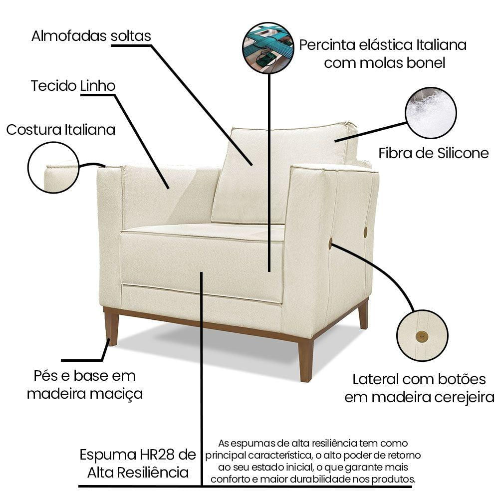 Kit Poltrona E Sofá 2 Lugares 1,70m Natural Pés Castanho