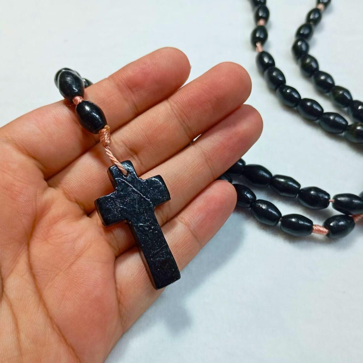 Miniatura Terço De Madeira Imbuia Longo Preto Católico Jesus Exclusivo