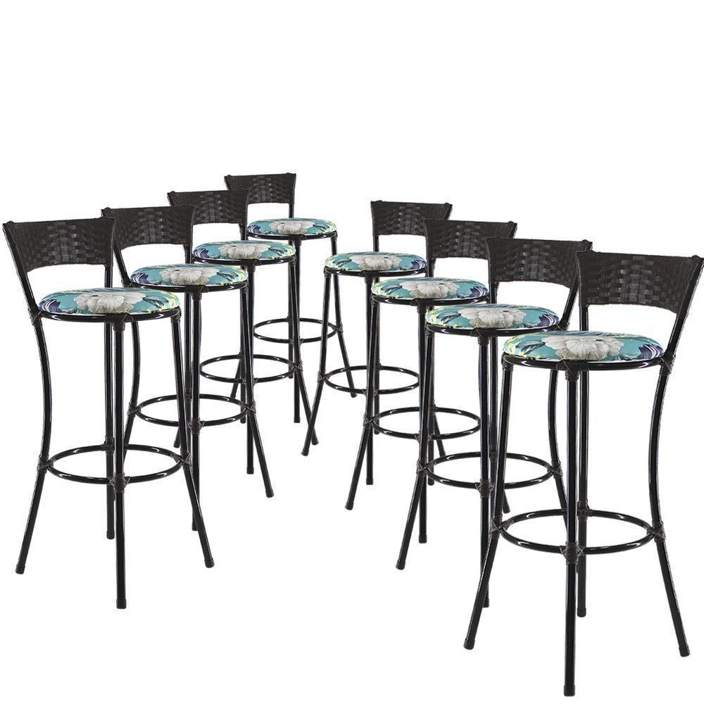 Miniatura Jogo Com 8 Banquetas Alta Forts Fibra Uv Bancada, área Goumert, Bar, Piscina, Balcão, Azul Floral