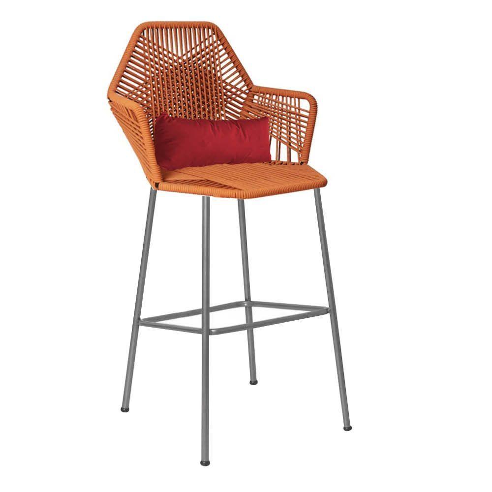 Miniatura Banqueta Alta Com Encosto Ferro Prata Fibra Terracota Almofada Vermelho